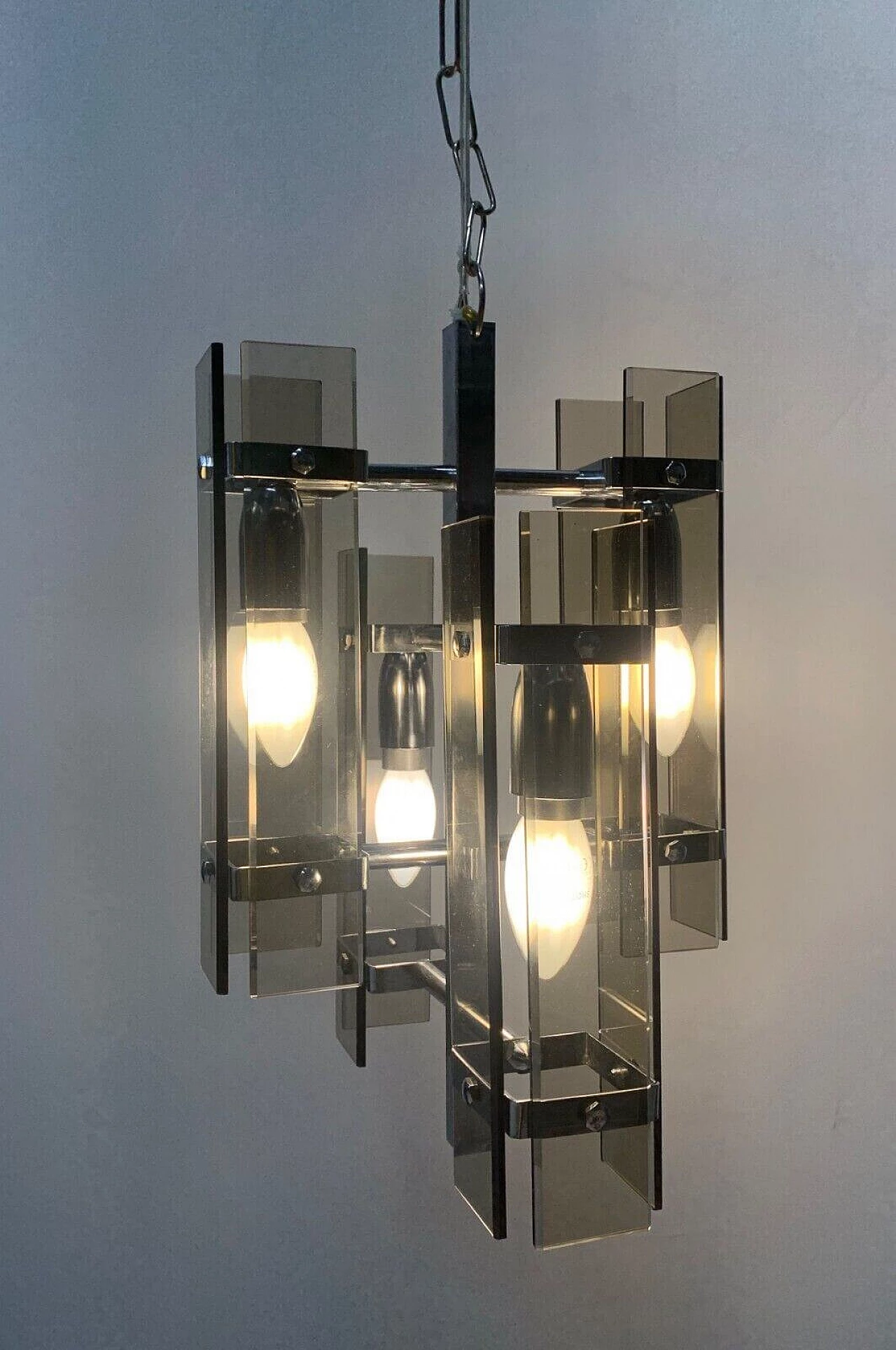 Iron and smoked glass chandelier attributed to Veca, 1970s 5