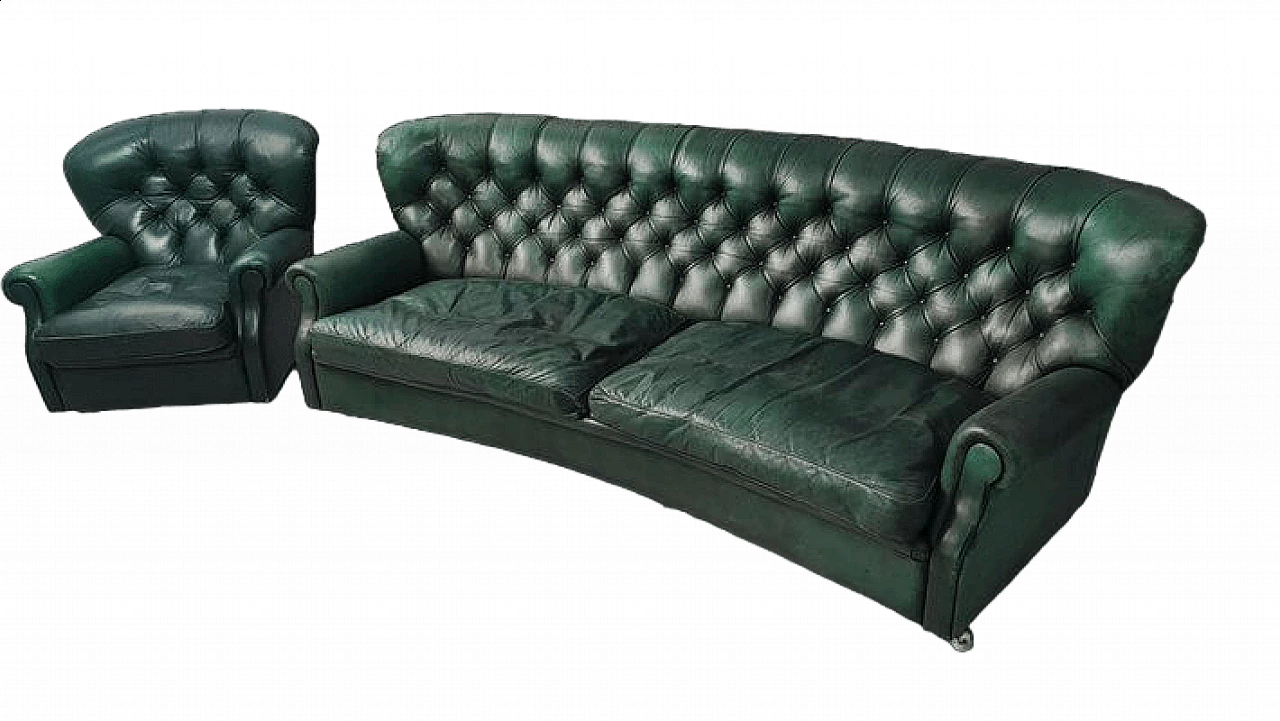 Green leather Chesterfield sofa and armchair, 1950s 12