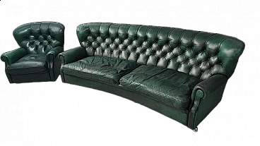 Green leather Chesterfield sofa and armchair, 1950s