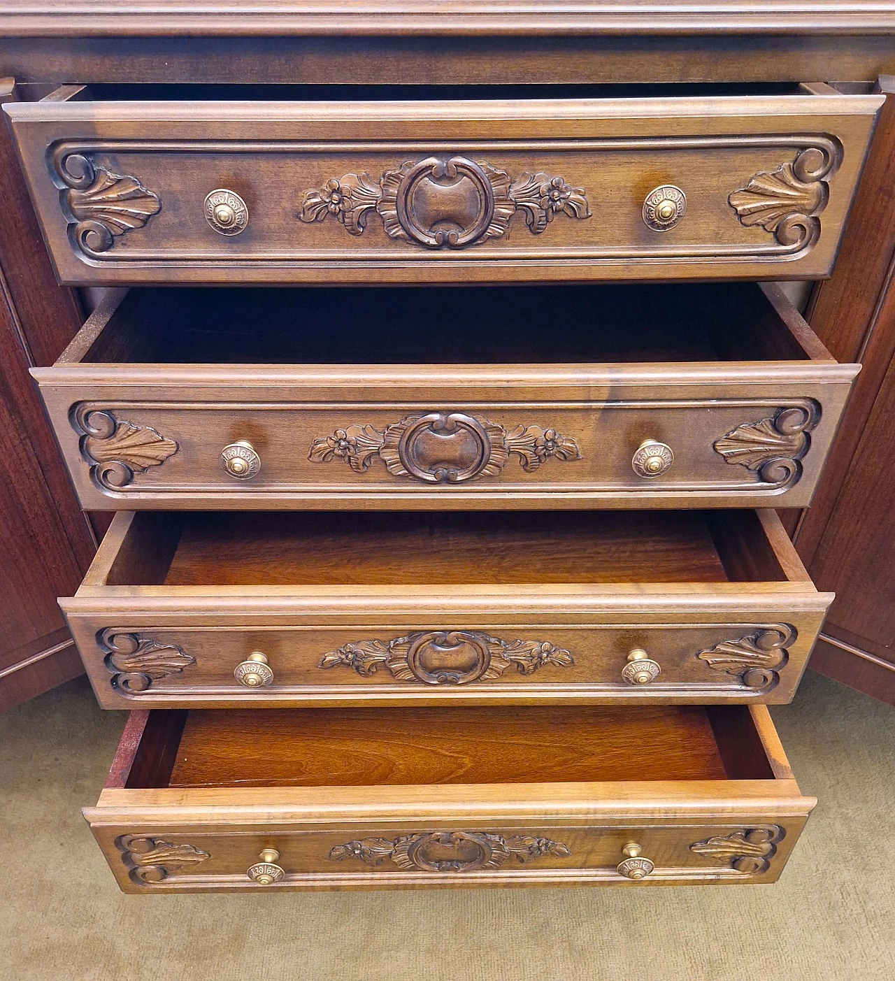 Dark stained national walnut sideboard with carvings, 1940s 4