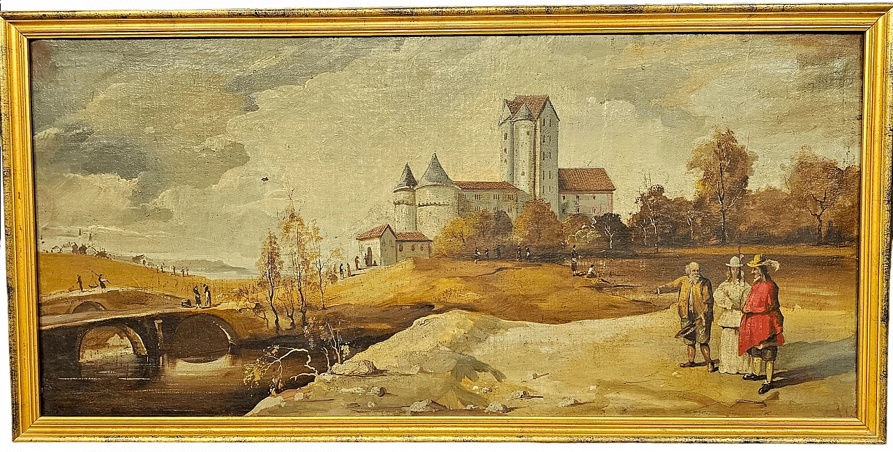 Country landscape with figures and castle, oil on canvas, early 19th century 12