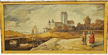 Country landscape with figures and castle, oil on canvas, early 19th century