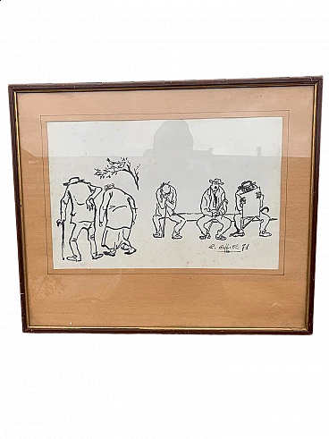 Old people in the park, marker drawing, 1971