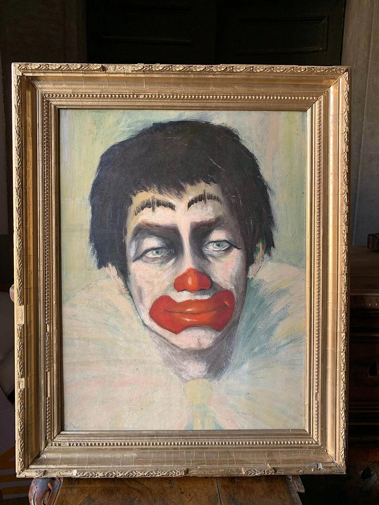 Painting of clown, oil on canvas with plaster frame, 1980s 1