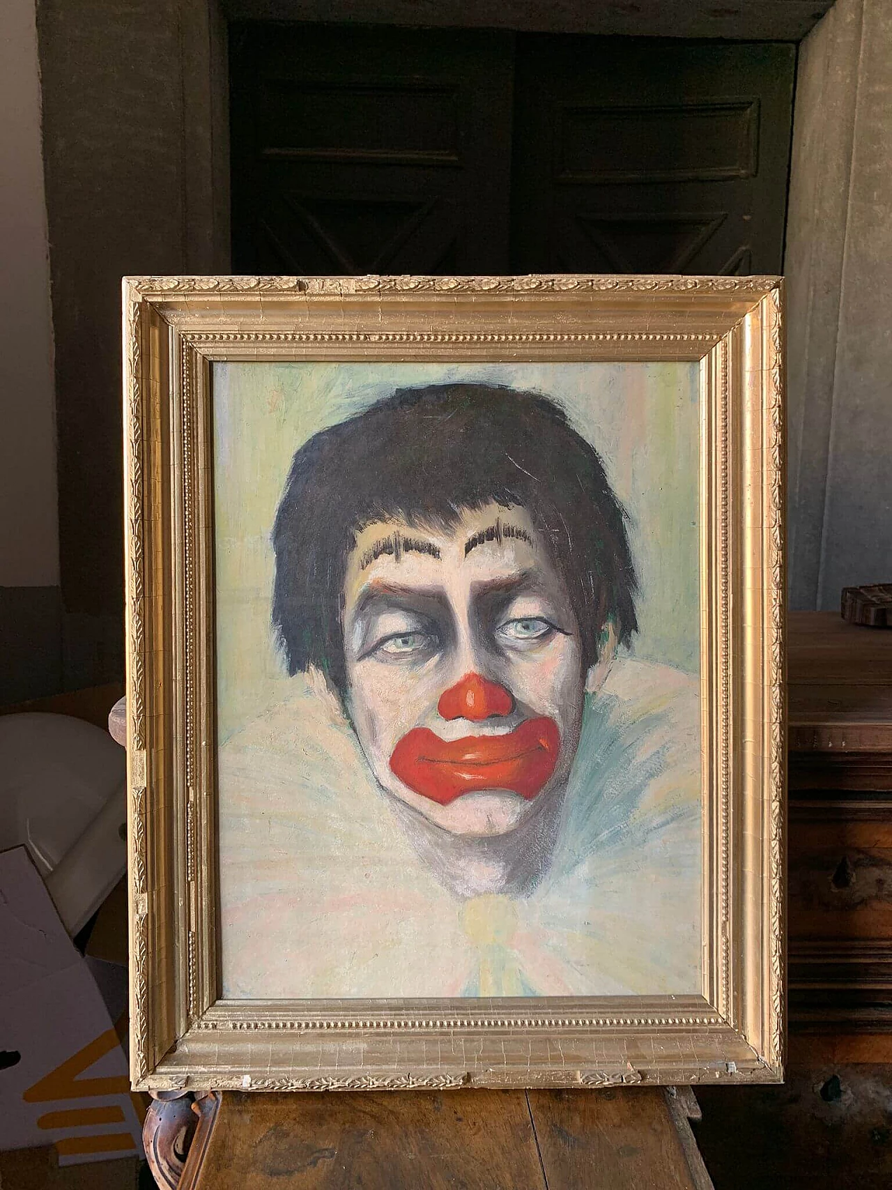 Painting of clown, oil on canvas with plaster frame, 1980s 2