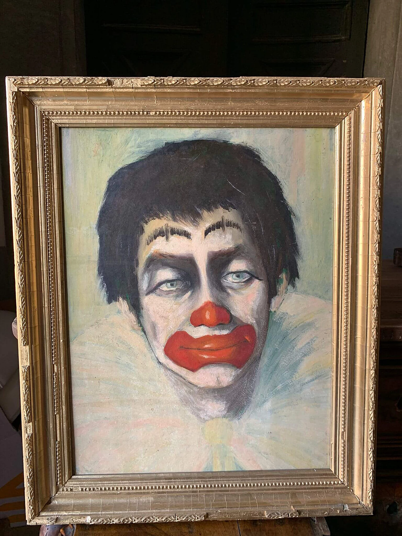 Painting of clown, oil on canvas with plaster frame, 1980s 3