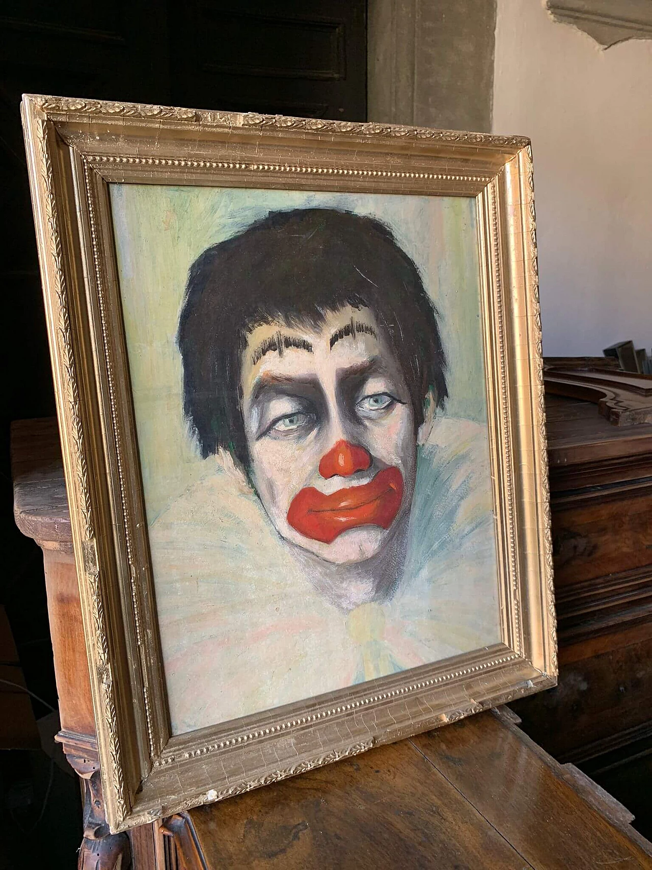 Painting of clown, oil on canvas with plaster frame, 1980s 4