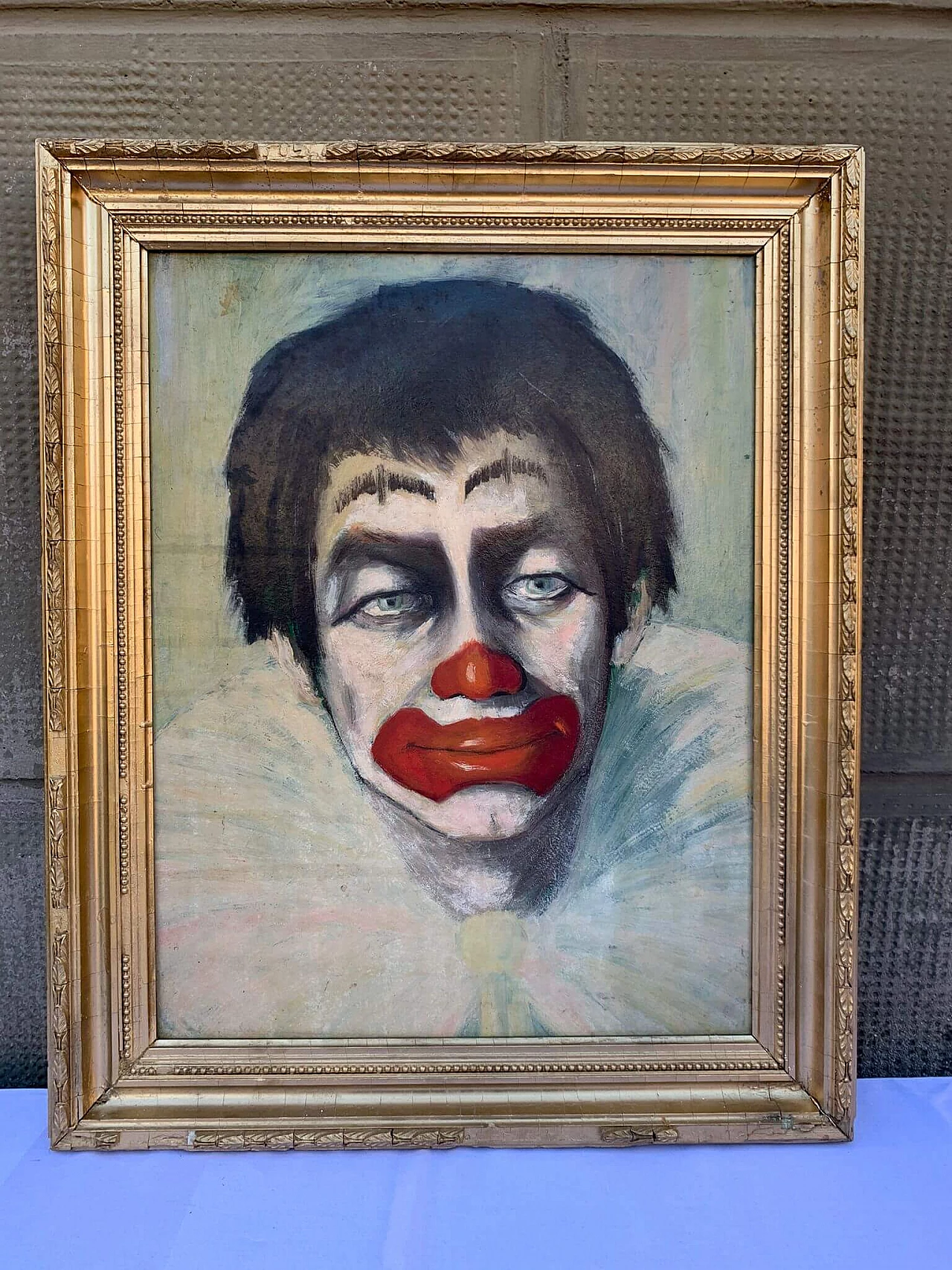 Painting of clown, oil on canvas with plaster frame, 1980s 7