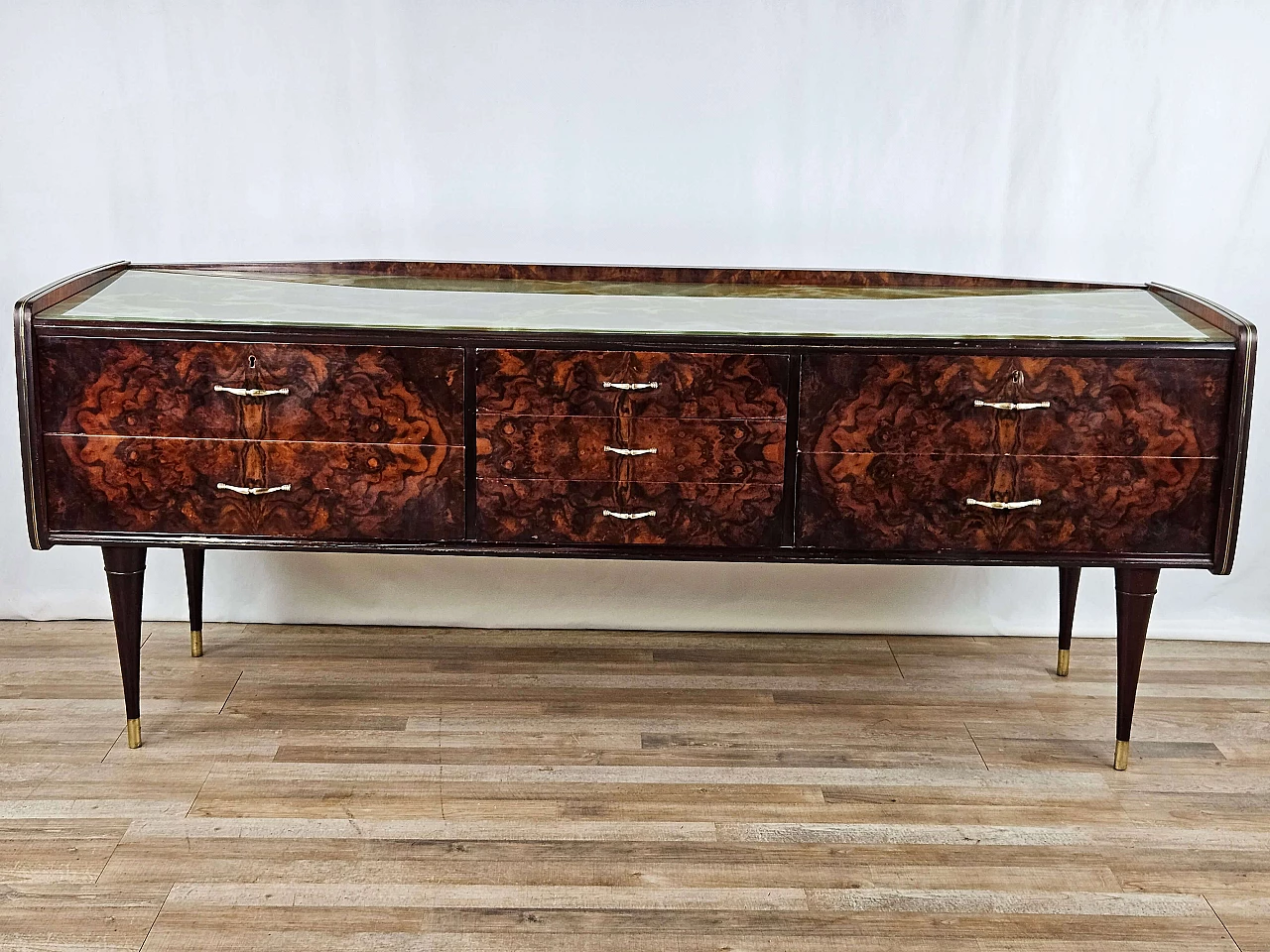 Wood and brass chest of drawers with marbled glass top, 1950s 1