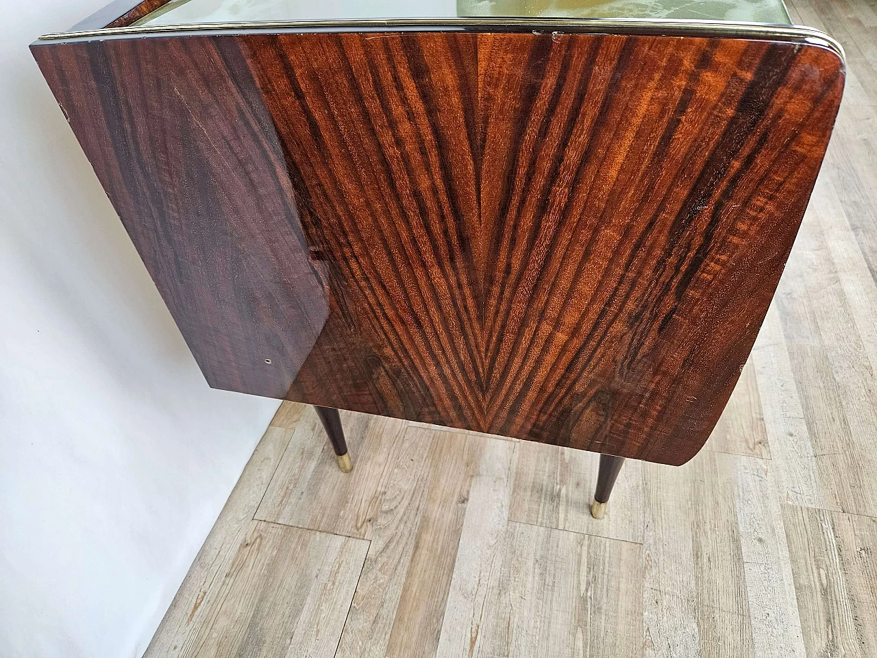 Wood and brass chest of drawers with marbled glass top, 1950s 2