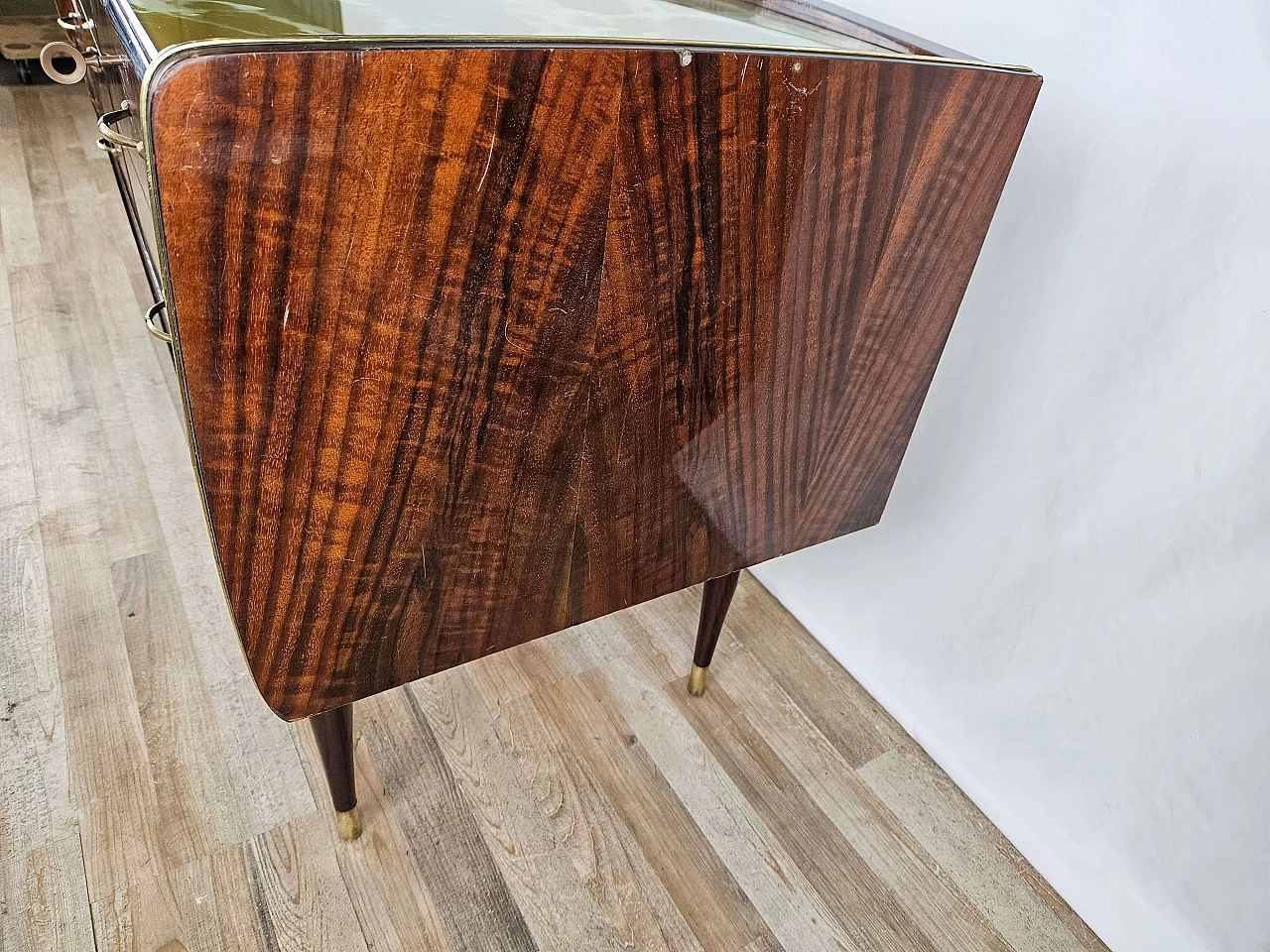 Wood and brass chest of drawers with marbled glass top, 1950s 3