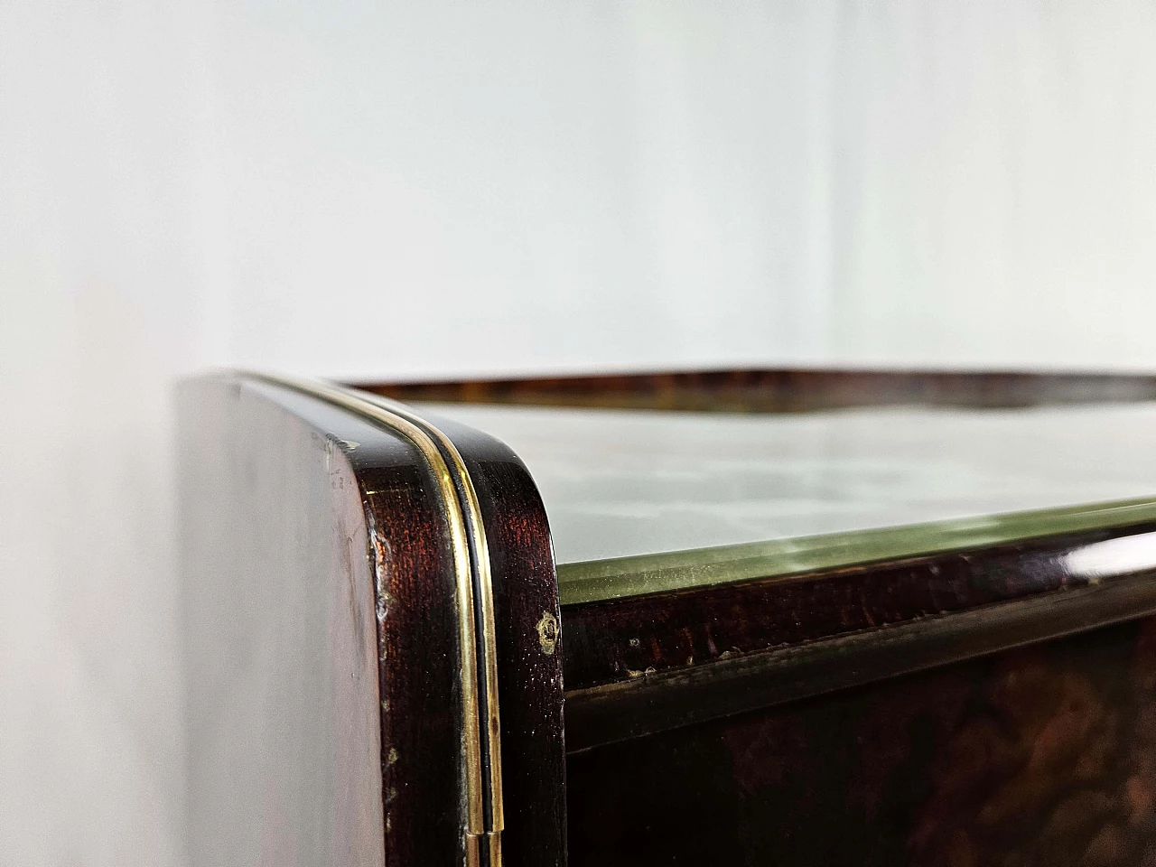 Wood and brass chest of drawers with marbled glass top, 1950s 4