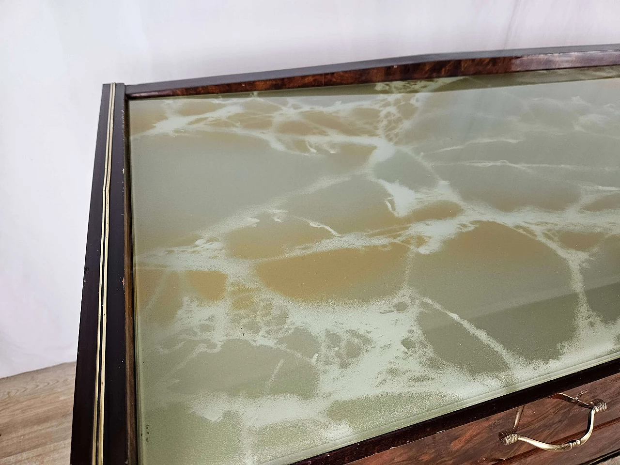 Wood and brass chest of drawers with marbled glass top, 1950s 5