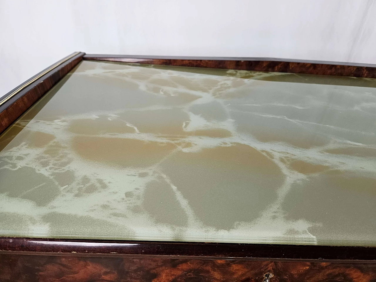 Wood and brass chest of drawers with marbled glass top, 1950s 6