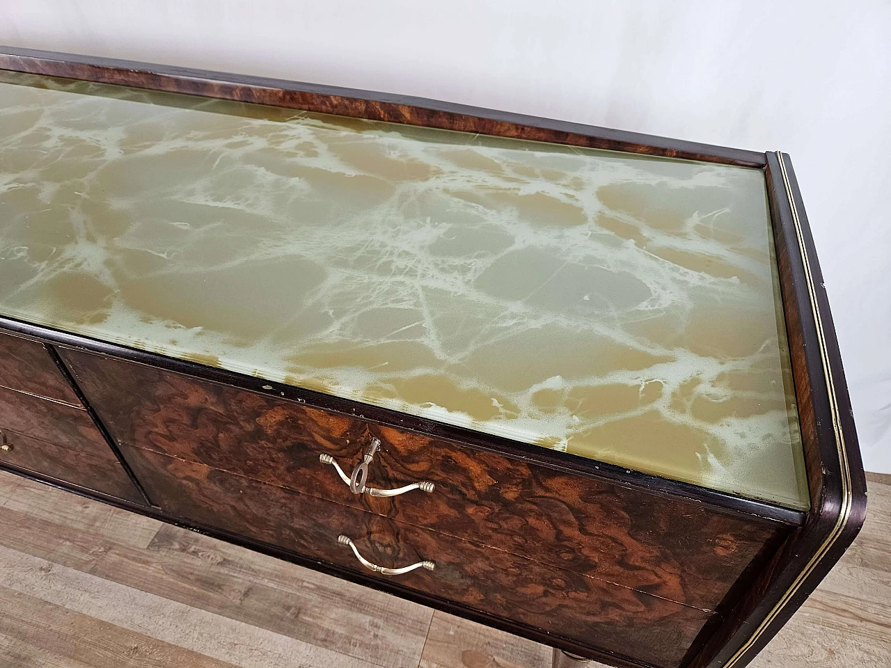 Wood and brass chest of drawers with marbled glass top, 1950s 8