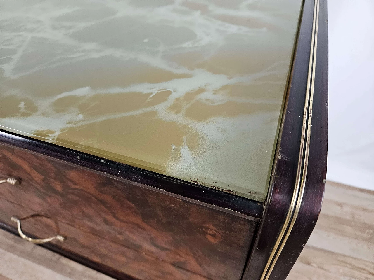 Wood and brass chest of drawers with marbled glass top, 1950s 9