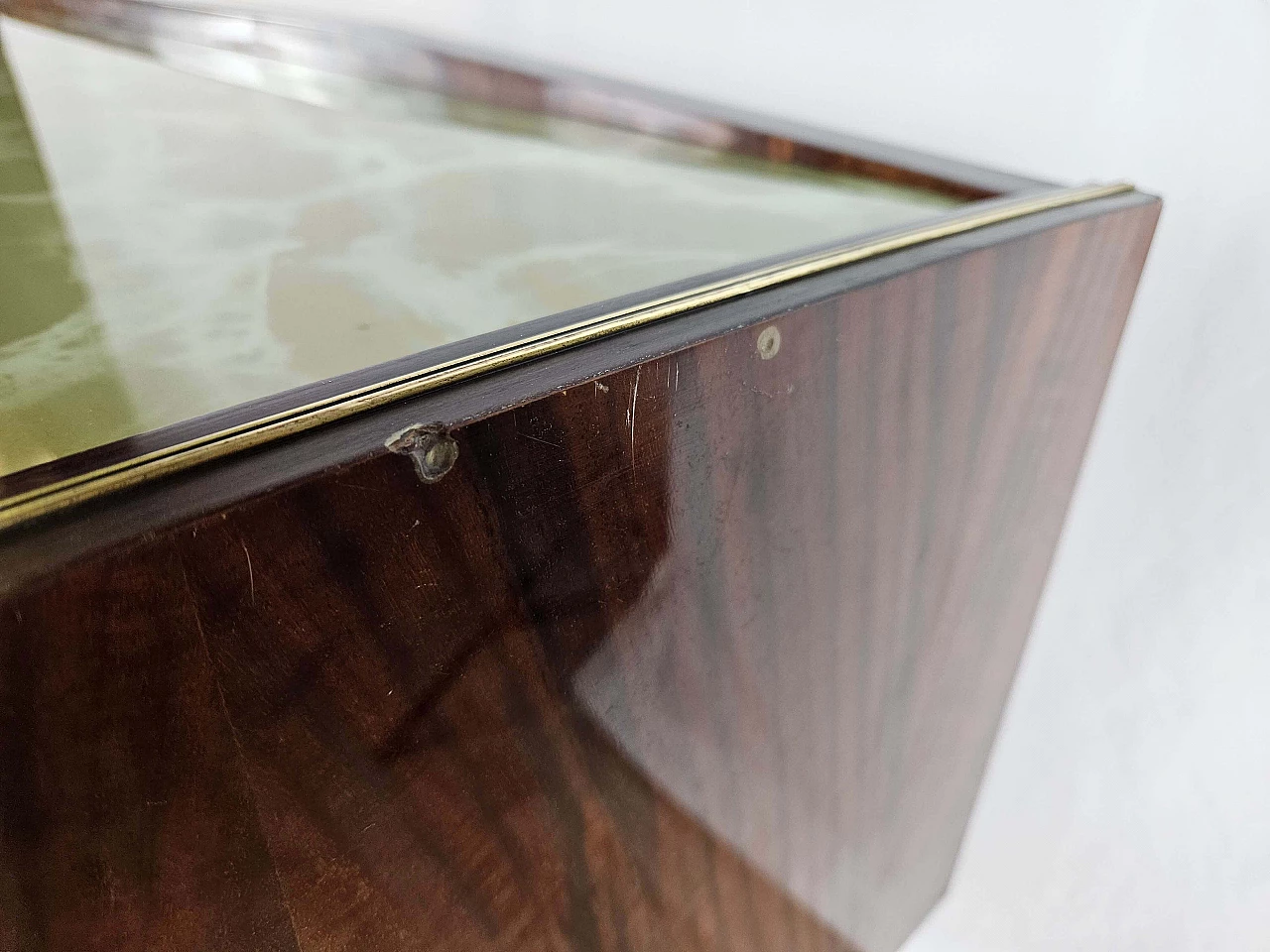 Wood and brass chest of drawers with marbled glass top, 1950s 10