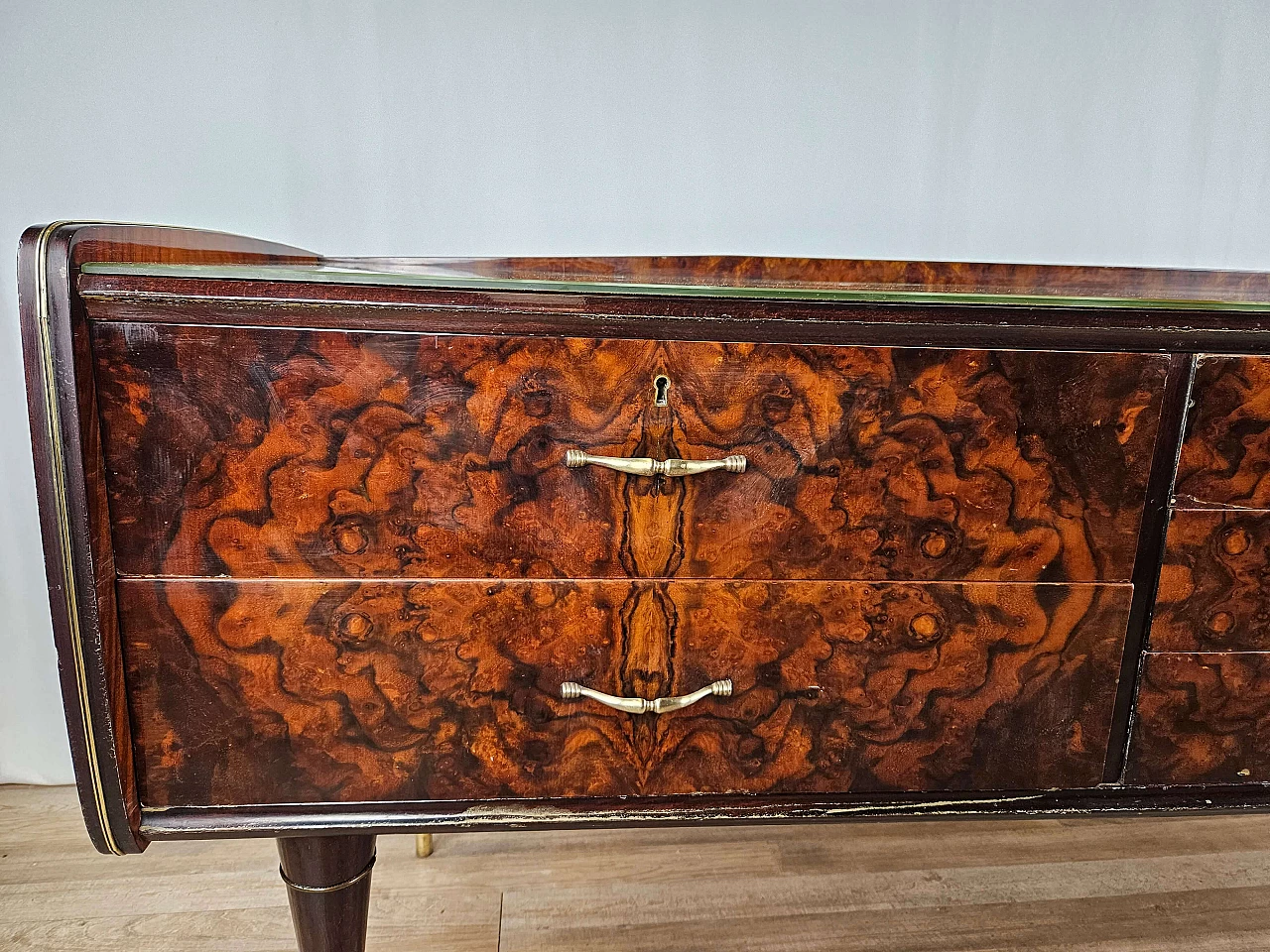 Wood and brass chest of drawers with marbled glass top, 1950s 13