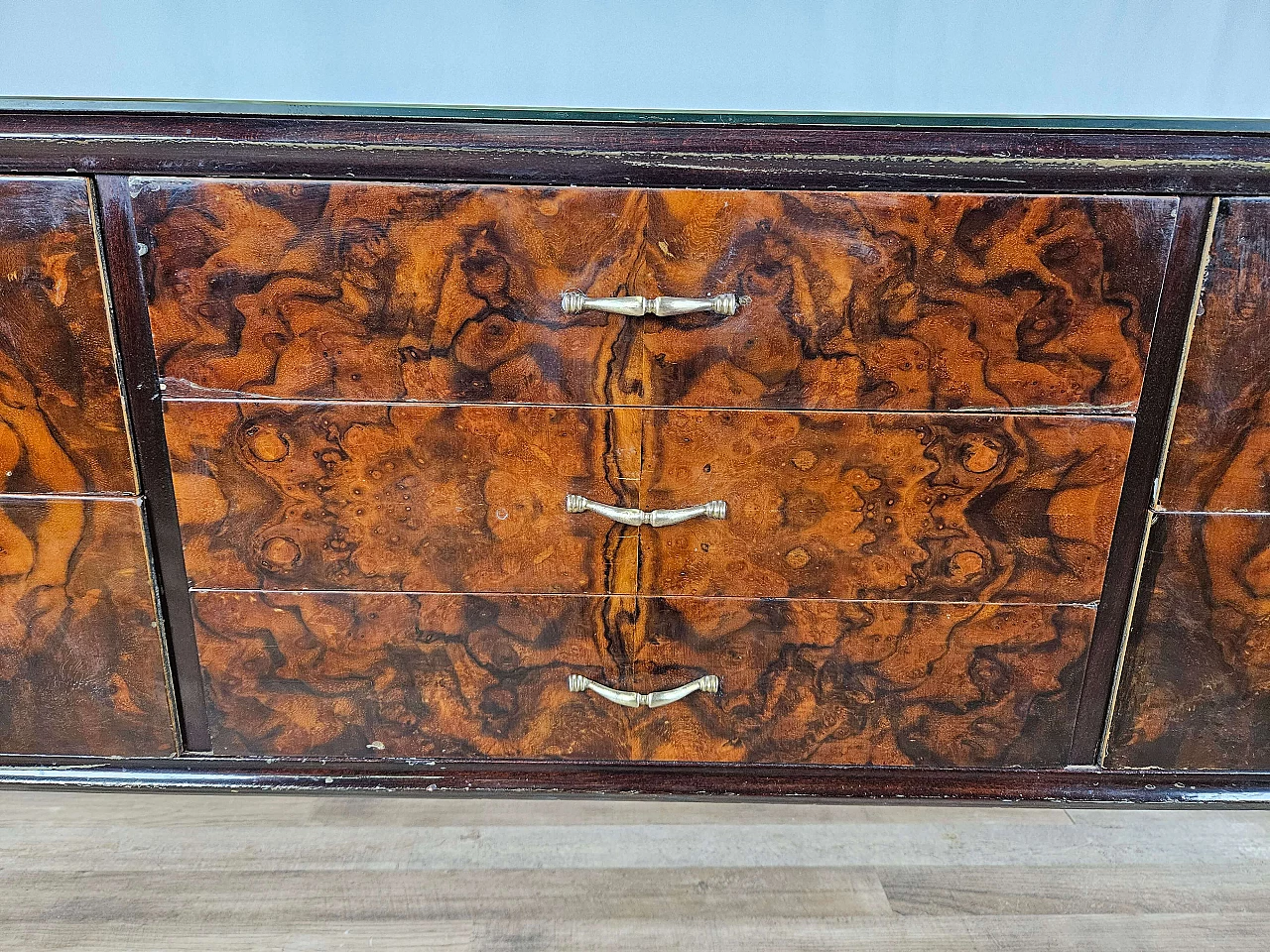 Wood and brass chest of drawers with marbled glass top, 1950s 19