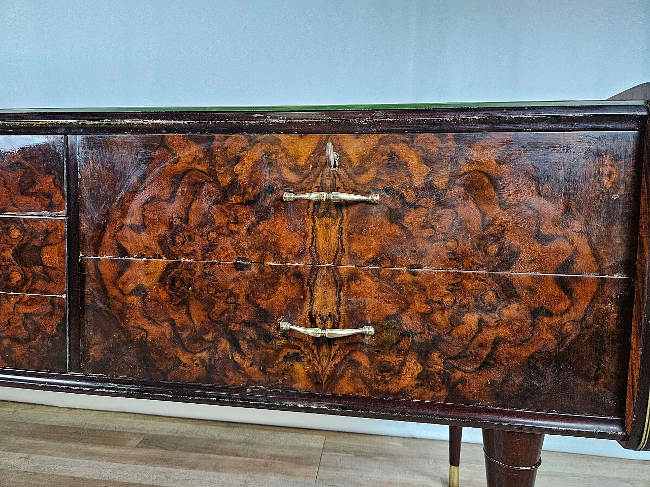 Wood and brass chest of drawers with marbled glass top, 1950s 23