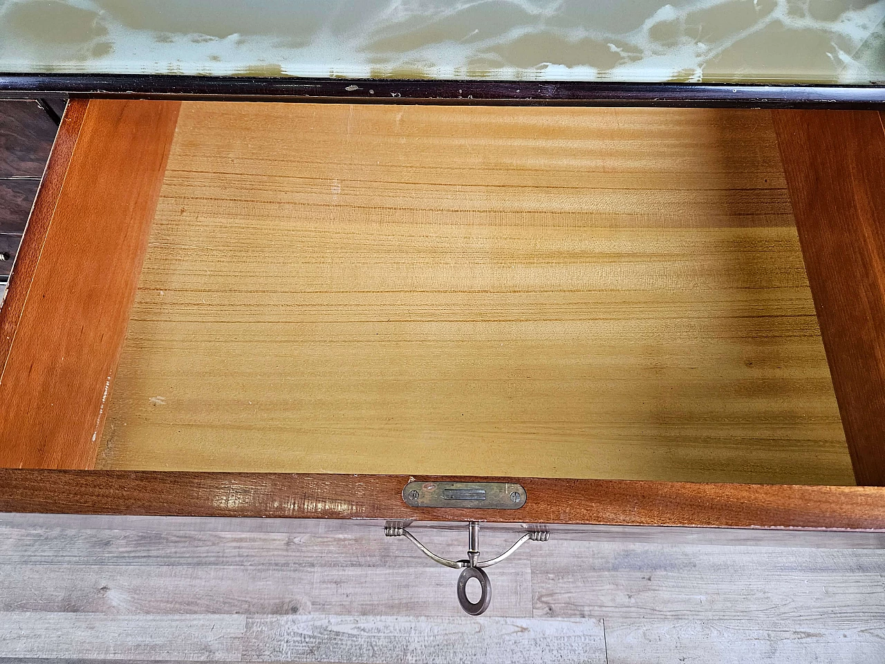 Wood and brass chest of drawers with marbled glass top, 1950s 25