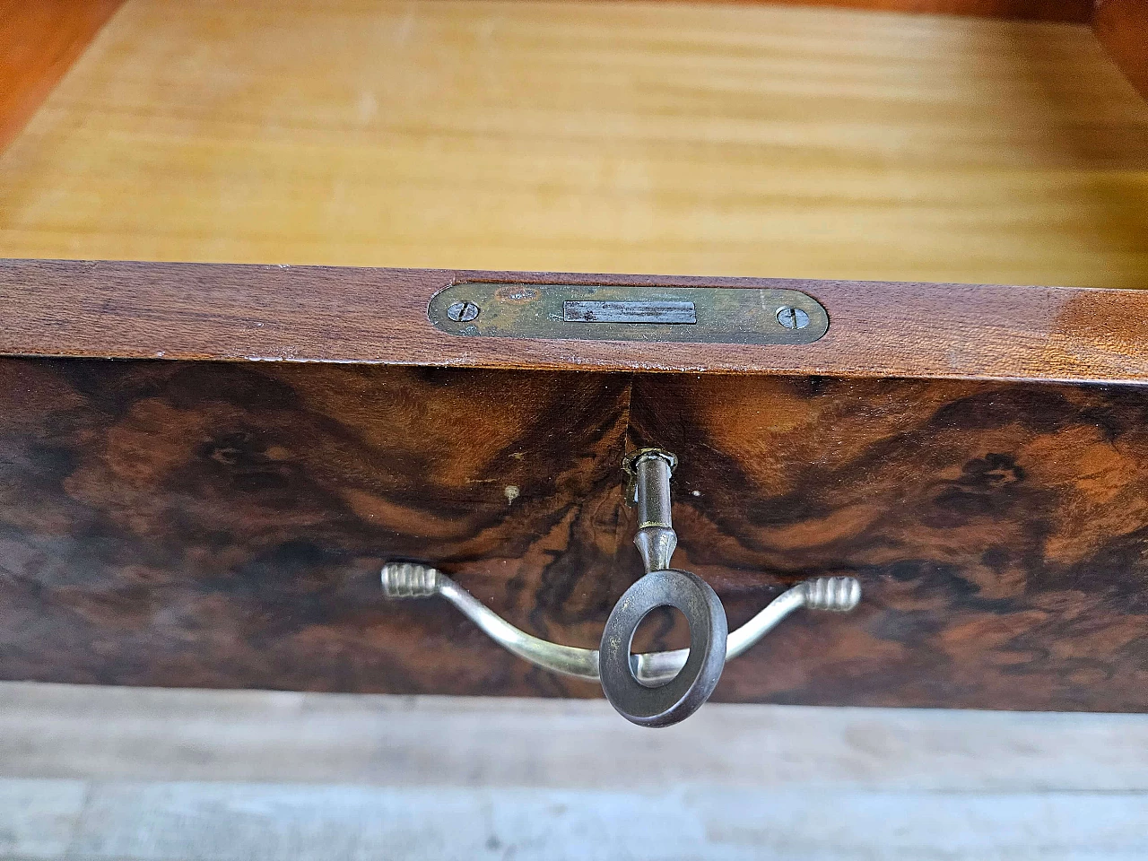 Wood and brass chest of drawers with marbled glass top, 1950s 26