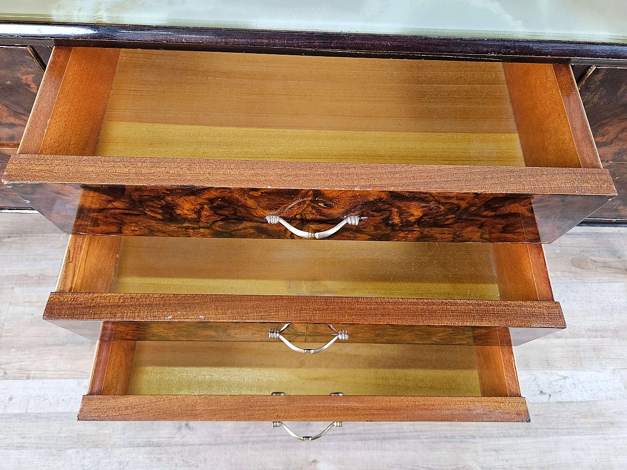 Wood and brass chest of drawers with marbled glass top, 1950s 29