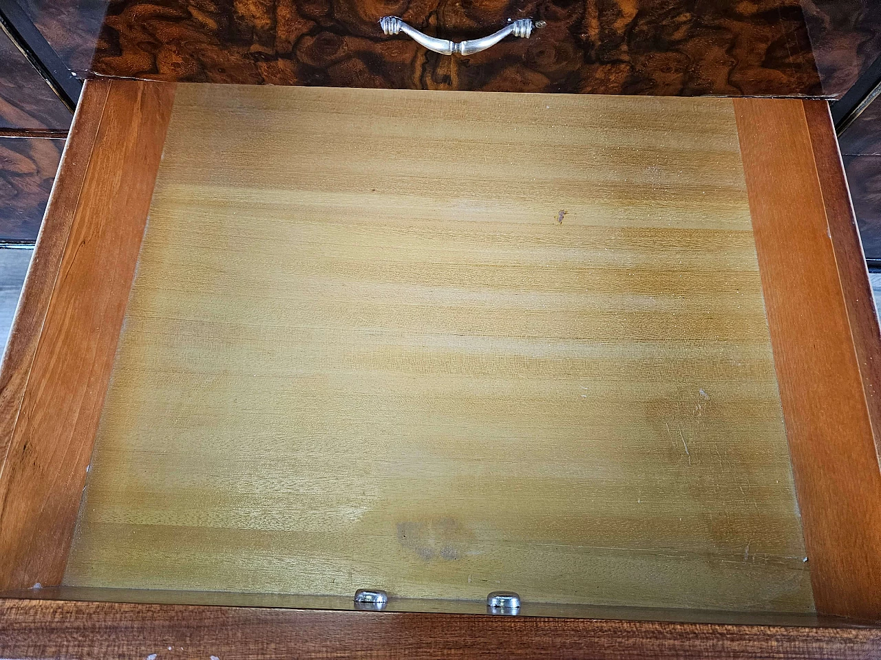 Wood and brass chest of drawers with marbled glass top, 1950s 31