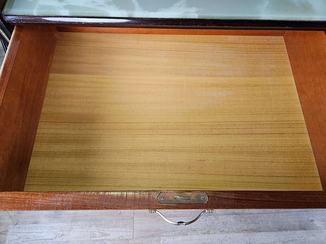 Wood and brass chest of drawers with marbled glass top, 1950s 34