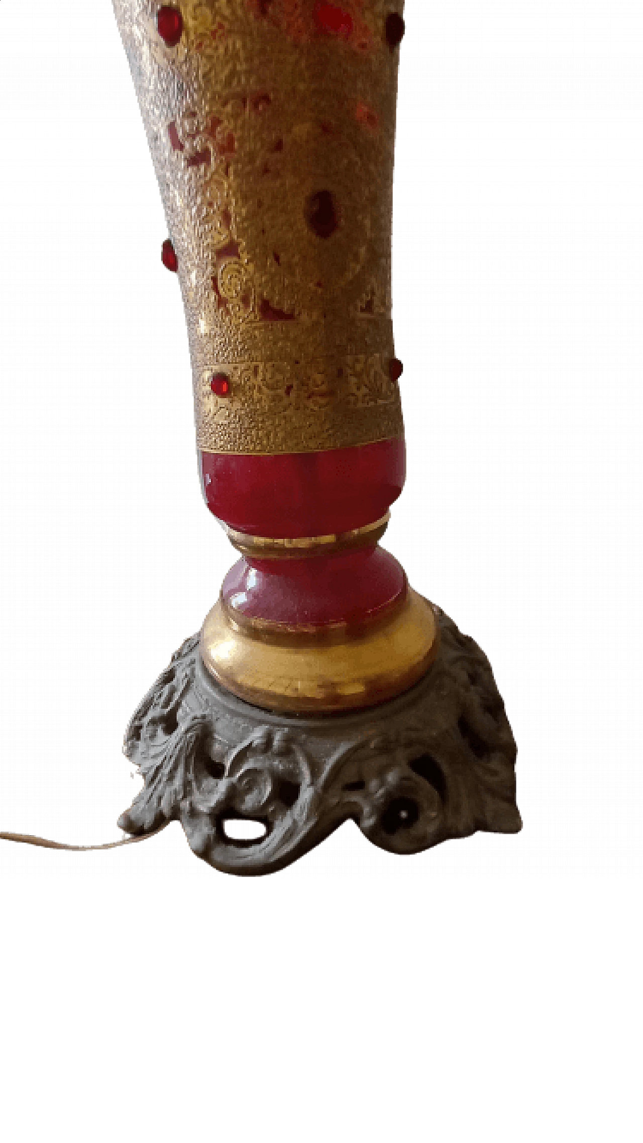 Red glass table lamp with gold decorations and bronze base, 1960s 2