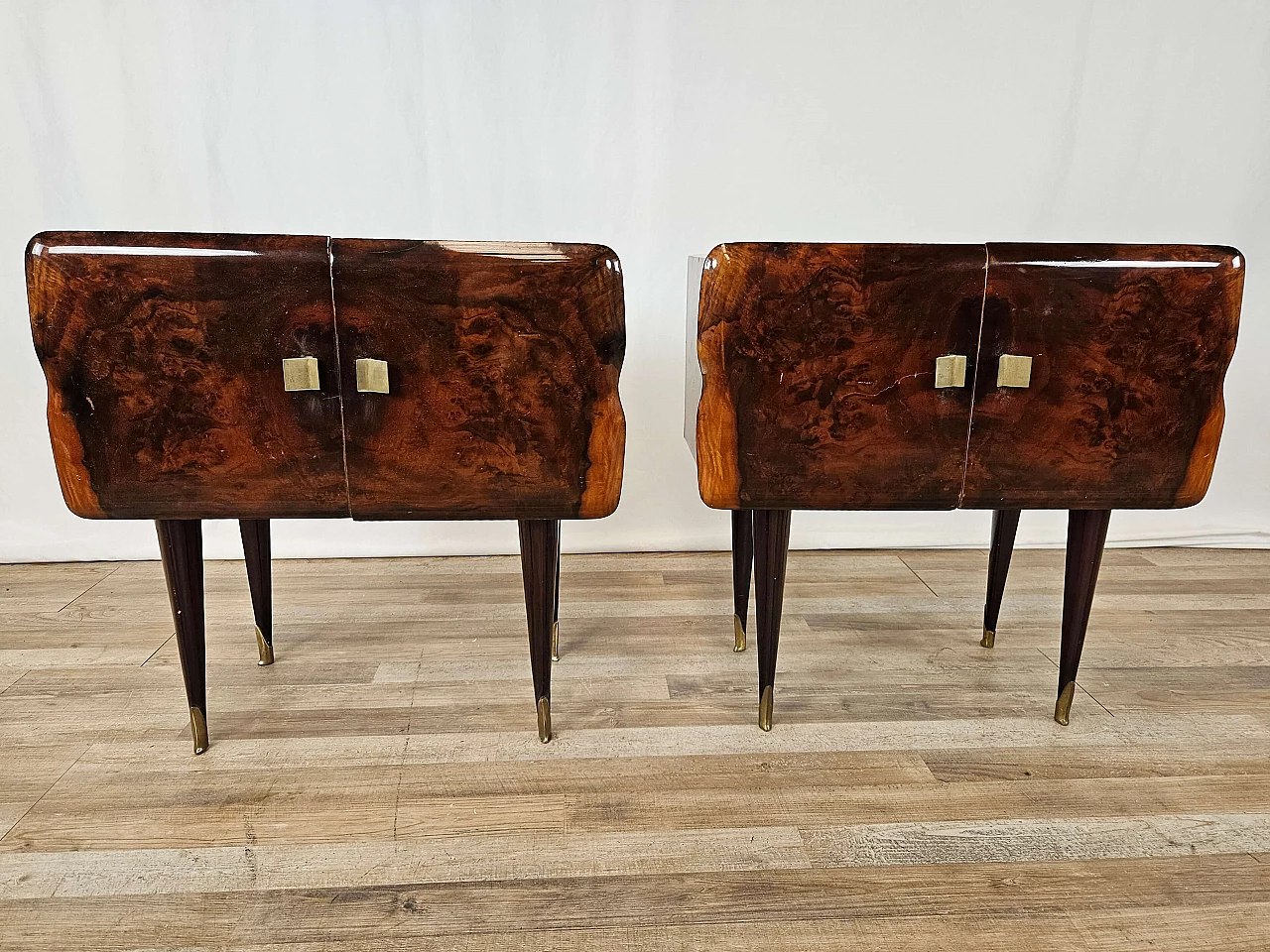 Pair of wood bedside tables with stained glass top, 1950s 1