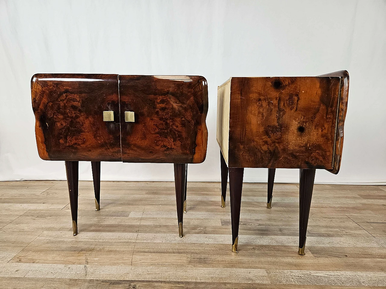 Pair of wood bedside tables with stained glass top, 1950s 2