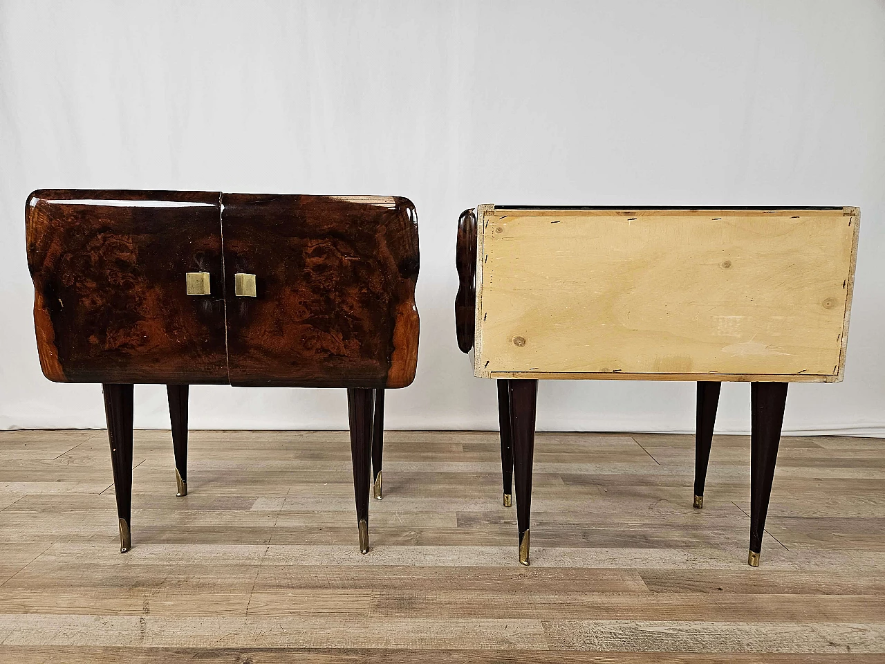 Pair of wood bedside tables with stained glass top, 1950s 3