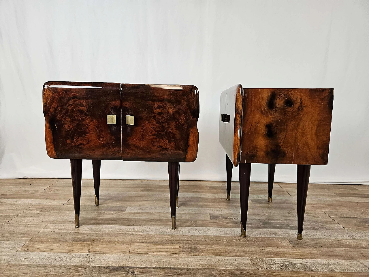 Pair of wood bedside tables with stained glass top, 1950s 4