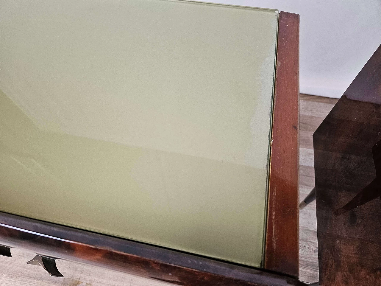 Pair of wood bedside tables with stained glass top, 1950s 6