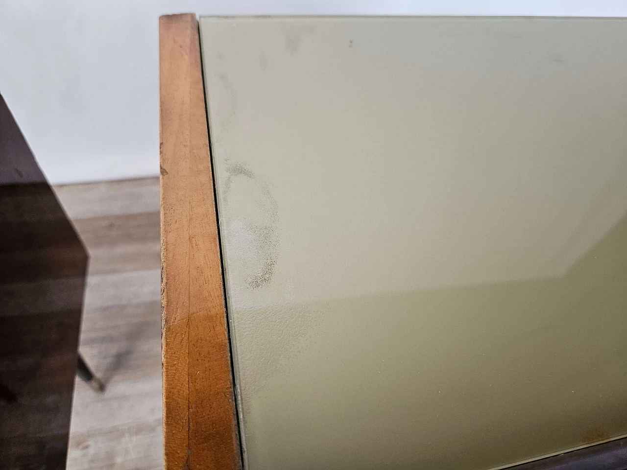 Pair of wood bedside tables with stained glass top, 1950s 12