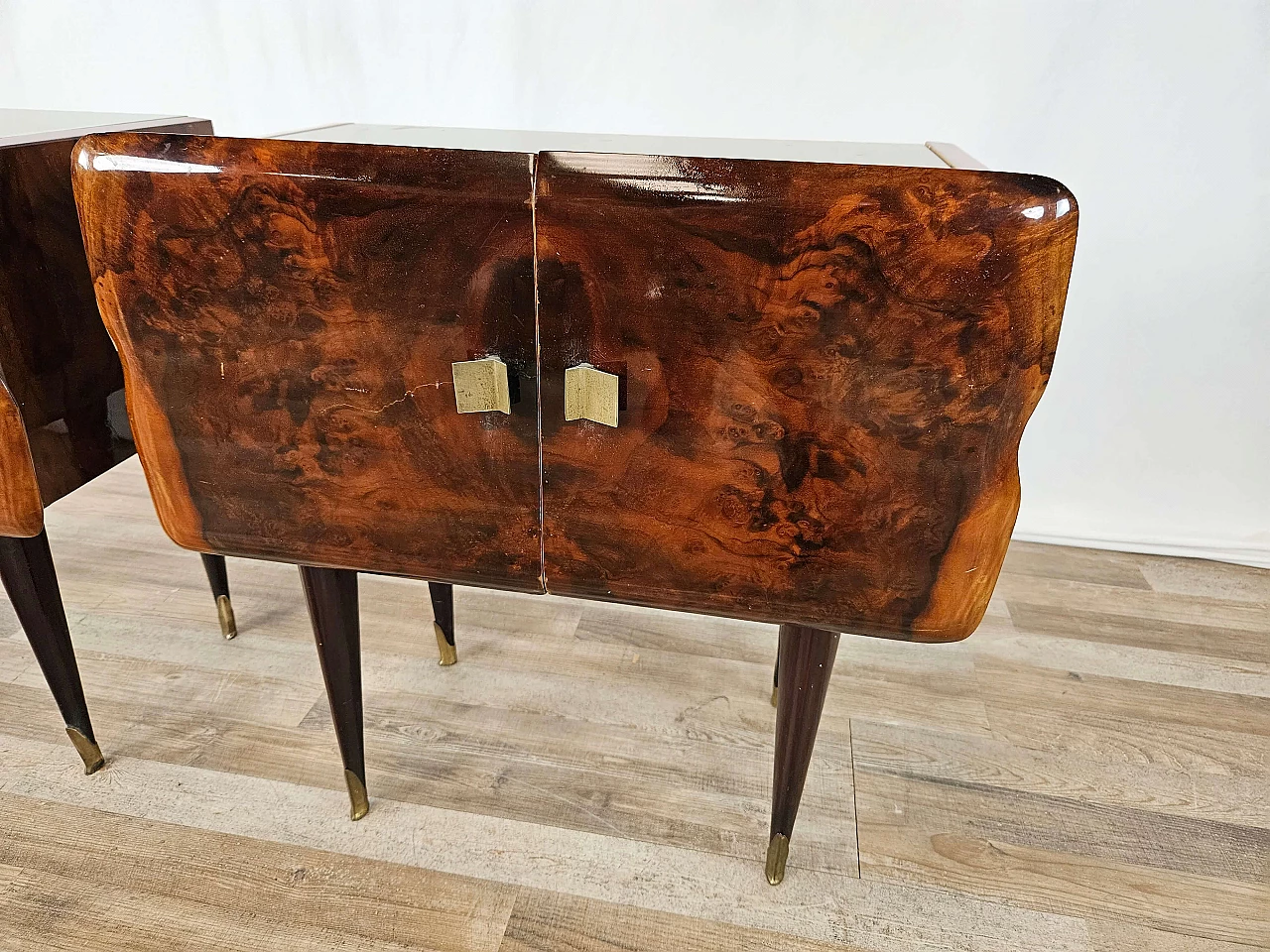 Pair of wood bedside tables with stained glass top, 1950s 14