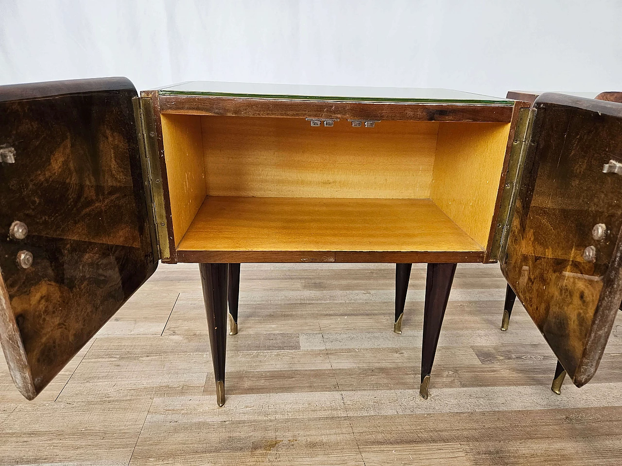 Pair of wood bedside tables with stained glass top, 1950s 15