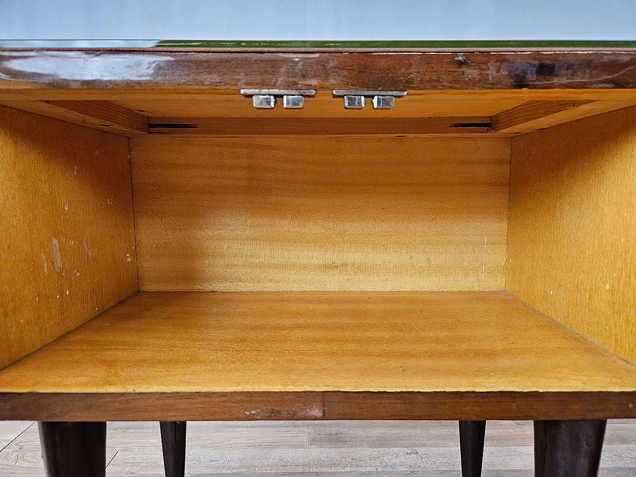 Pair of wood bedside tables with stained glass top, 1950s 16