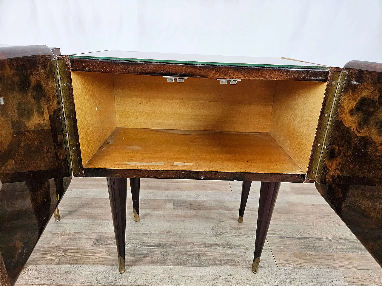 Pair of wood bedside tables with stained glass top, 1950s 19