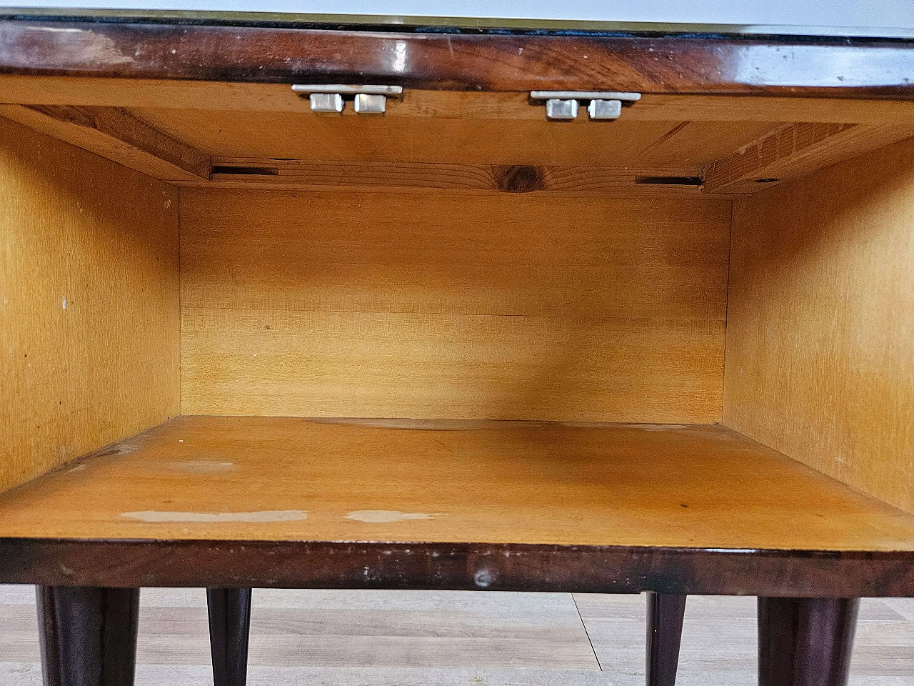 Pair of wood bedside tables with stained glass top, 1950s 20