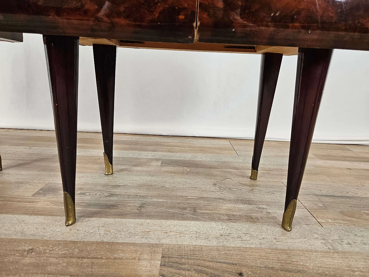 Pair of wood bedside tables with stained glass top, 1950s 24