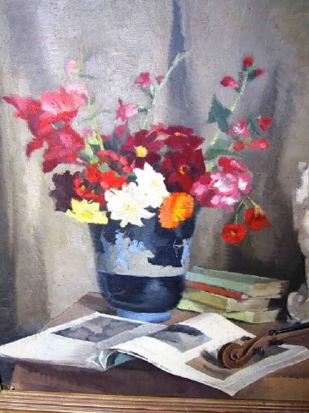 Reine Virely, still life with violin, oil painting on panel, 1937 3