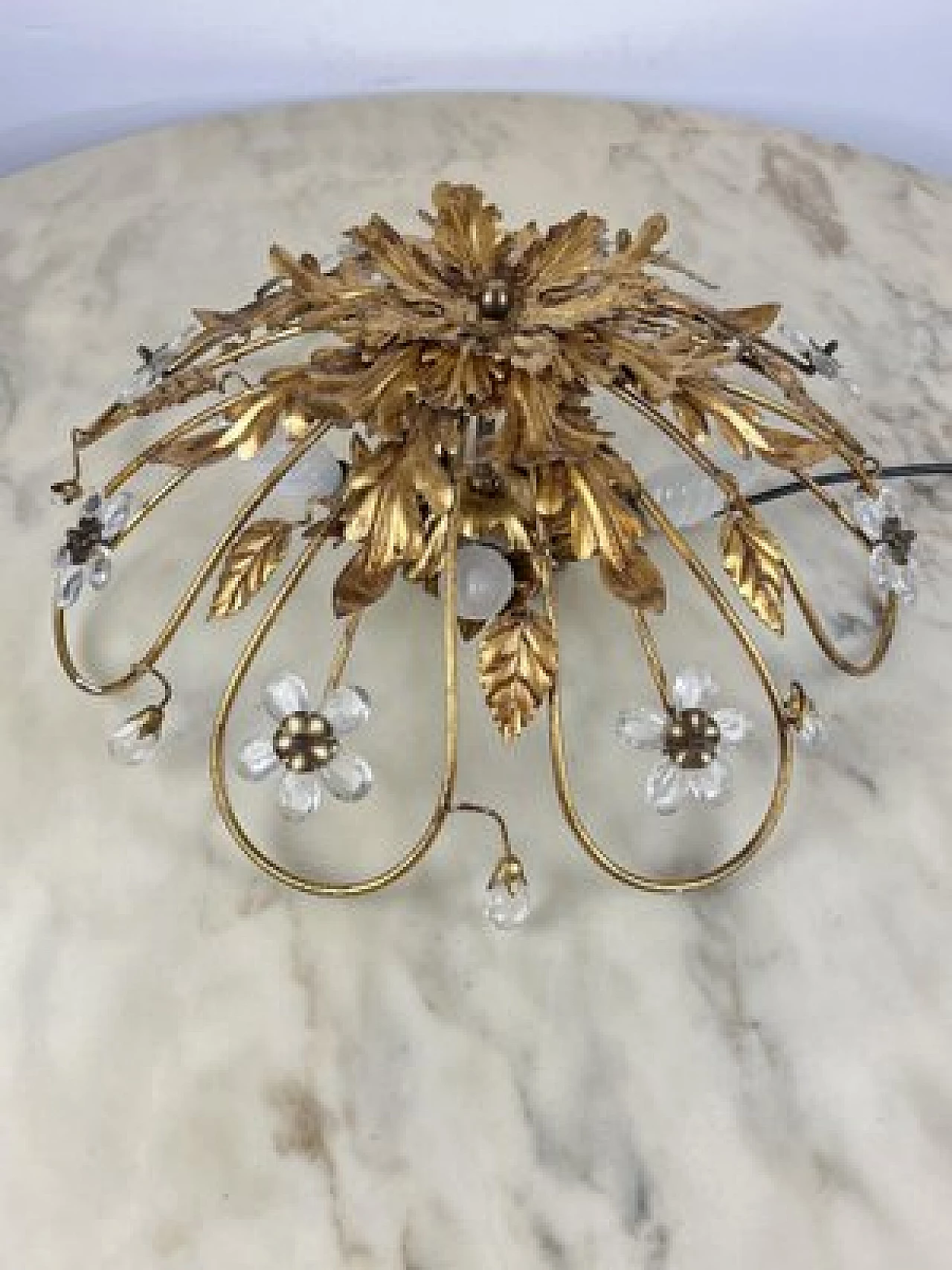 Gilded iron ceiling lamp with crystal flowers by Banci, 1980s 1