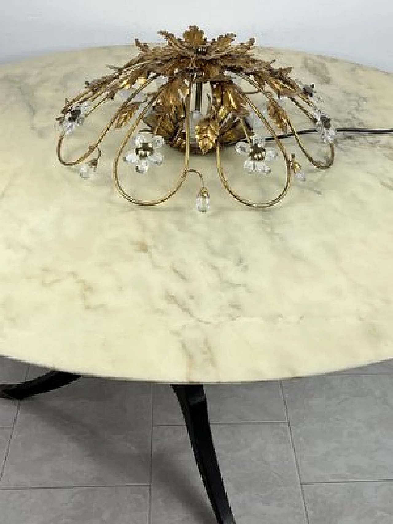 Gilded iron ceiling lamp with crystal flowers by Banci, 1980s 2