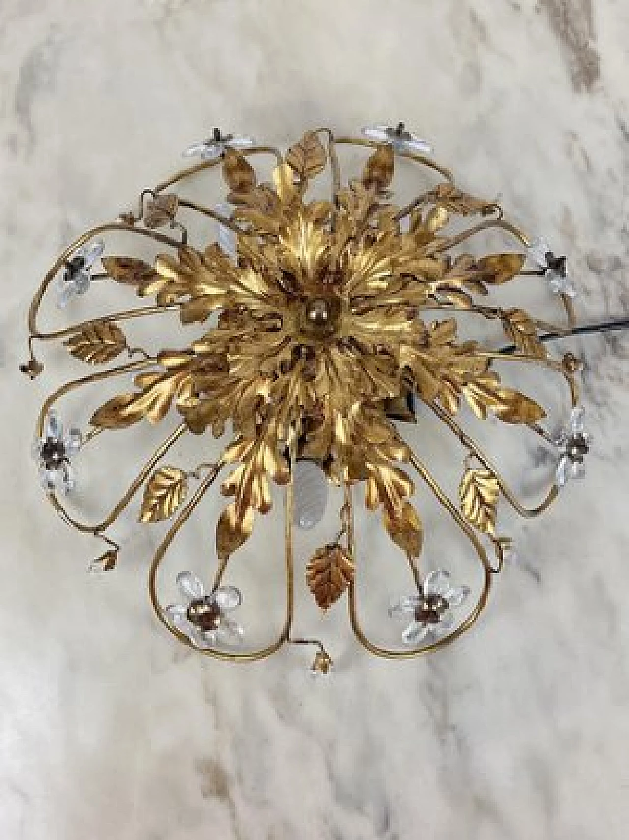 Gilded iron ceiling lamp with crystal flowers by Banci, 1980s 3