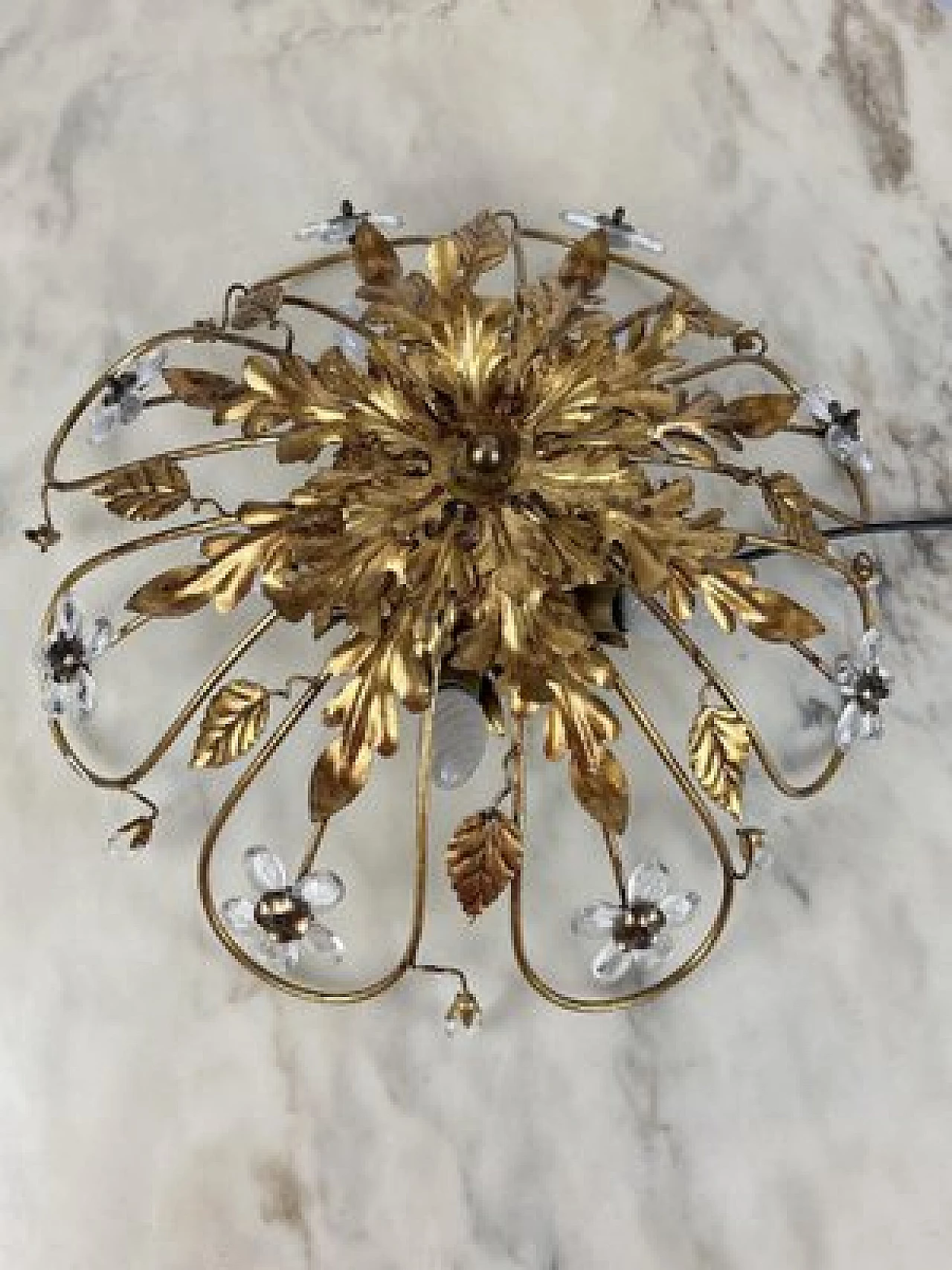 Gilded iron ceiling lamp with crystal flowers by Banci, 1980s 4