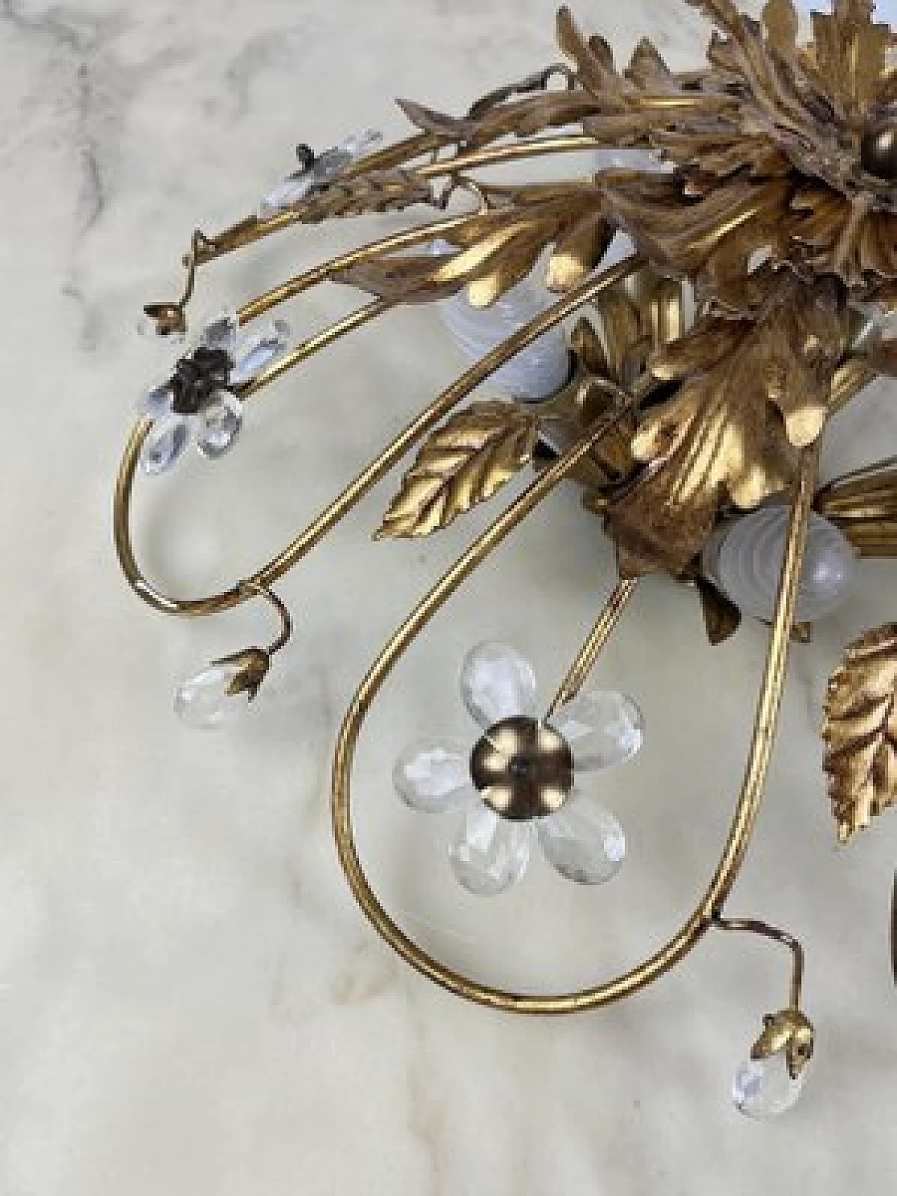 Gilded iron ceiling lamp with crystal flowers by Banci, 1980s 5