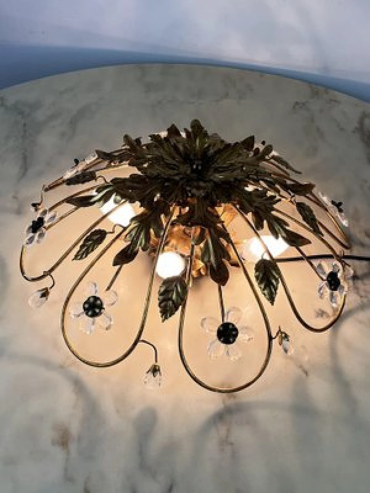 Gilded iron ceiling lamp with crystal flowers by Banci, 1980s 6