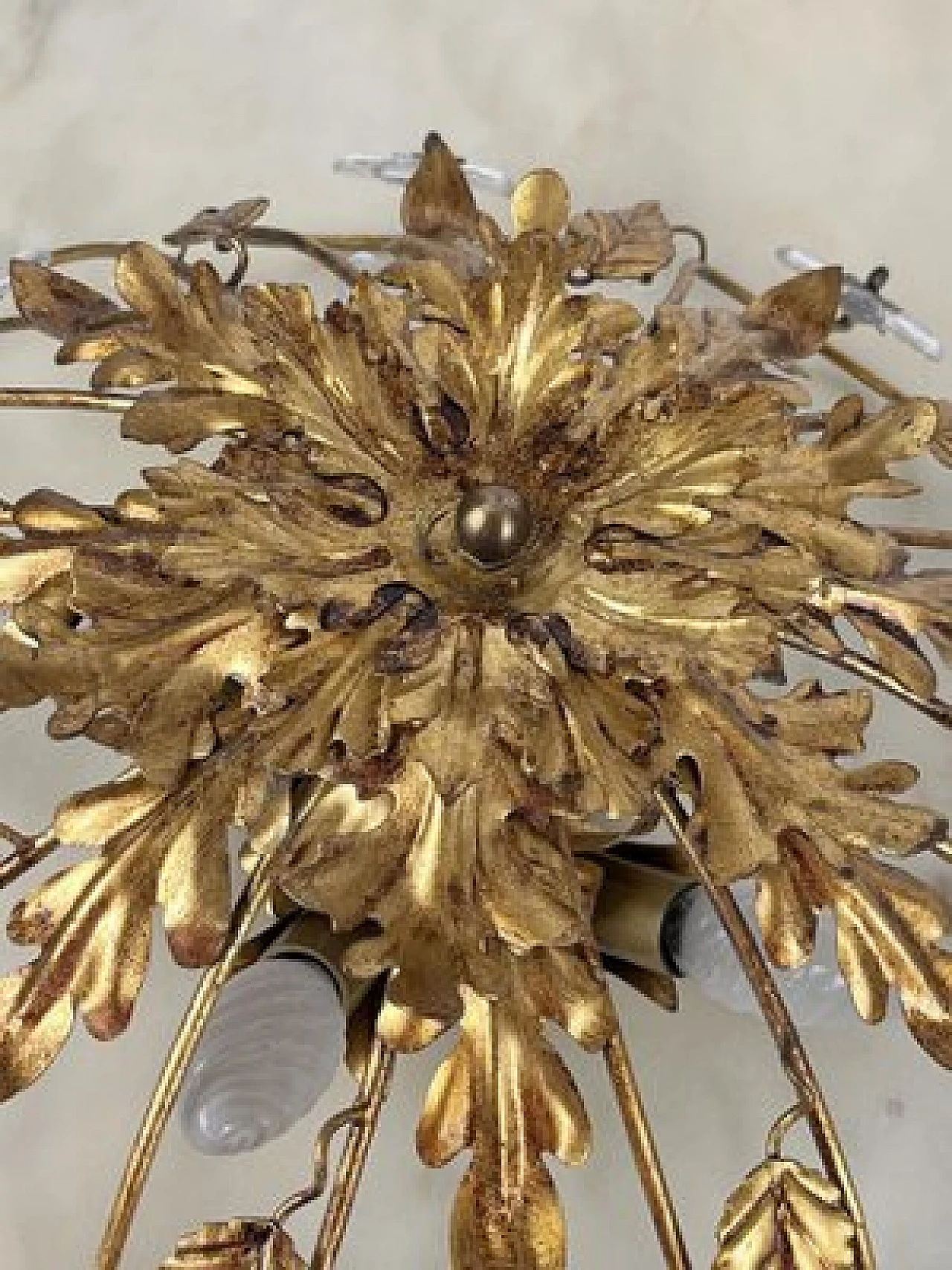 Gilded iron ceiling lamp with crystal flowers by Banci, 1980s 7